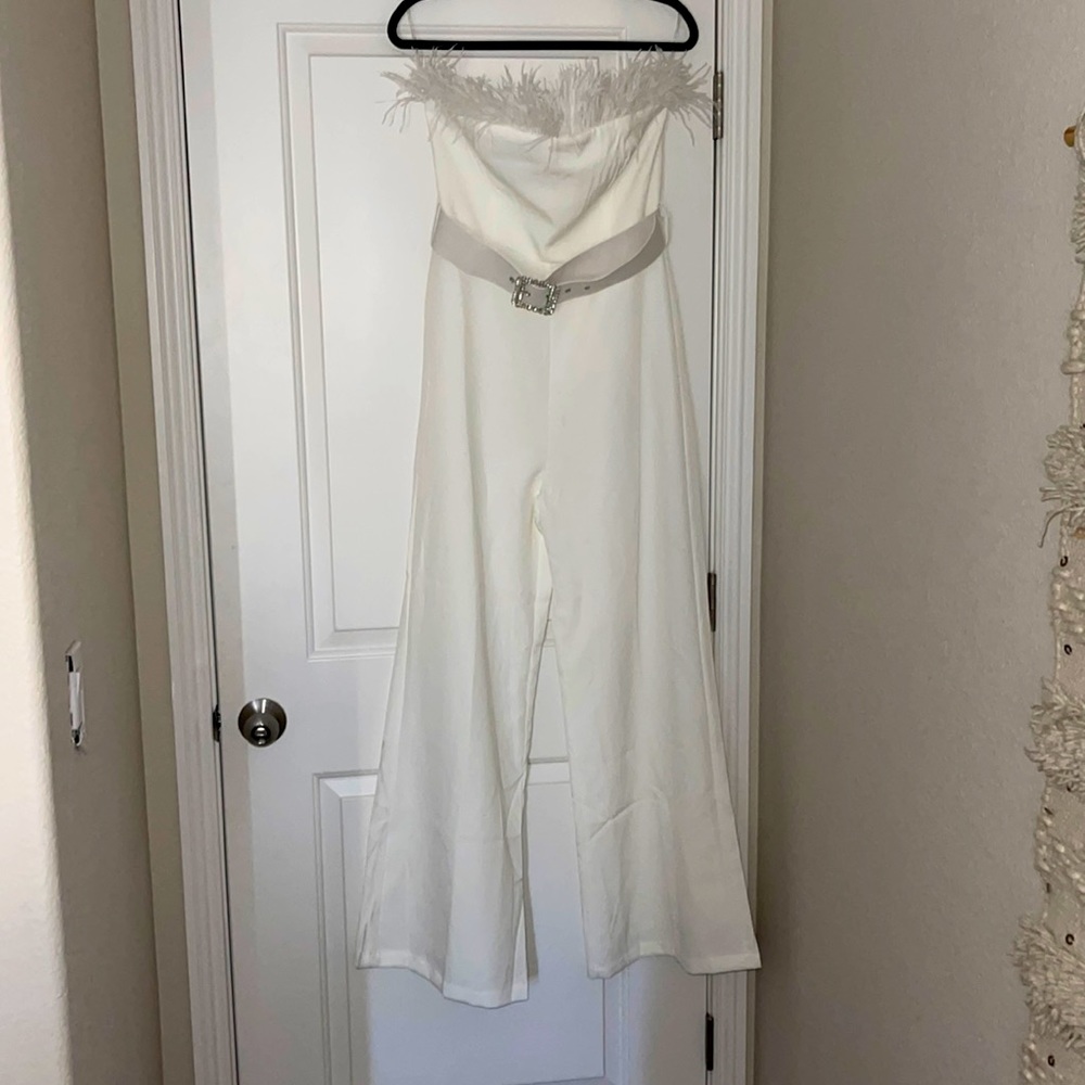 COPY - 12th Tribe White Faux Feather Belted Jumpsuit (size L)